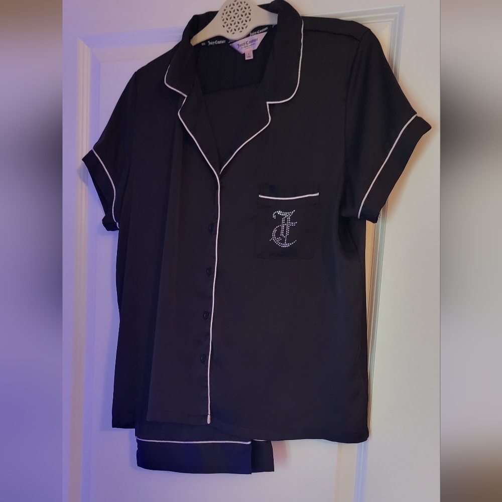 JUICY COUTURE Black Satin Embellished Short Sleeve PJ Top W Pants SET SIZE L